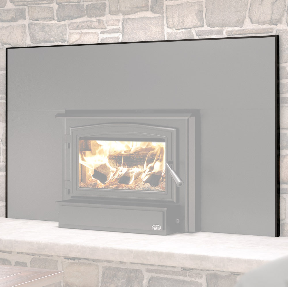 Black faceplate trim kit installed on a fireplace opening