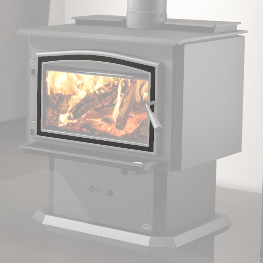 Wood stove door overlay with black frame and glass window