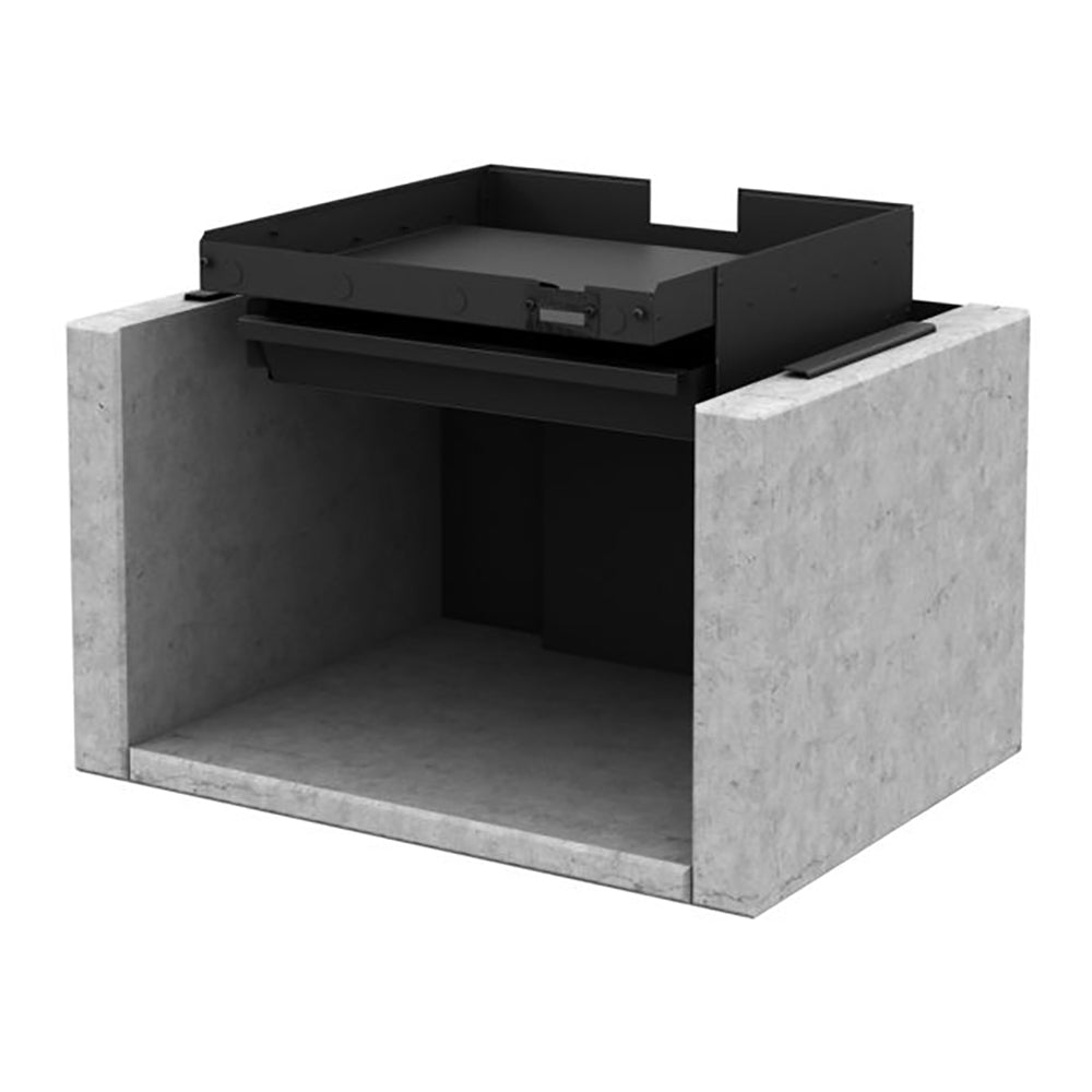 Soap stone stove base kit with open log storage compartment and black firebox top