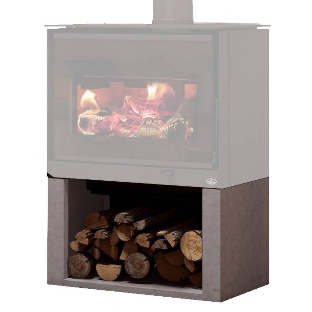 Soap stone wood stove base with stacked firewood in lower log storage