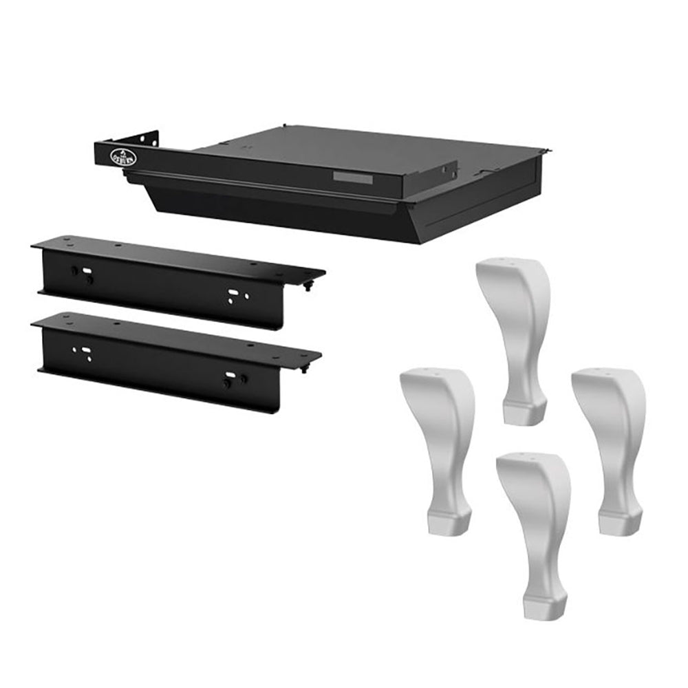 Cast iron wood stove leg kit with ash drawer, brushed nickel legs and black brackets