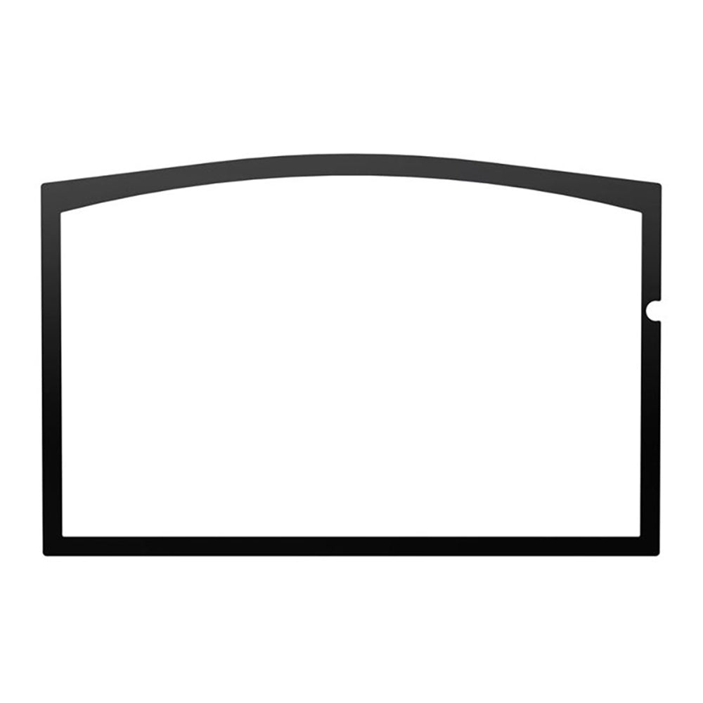 Black stove door overlay frame with rectangular glass opening