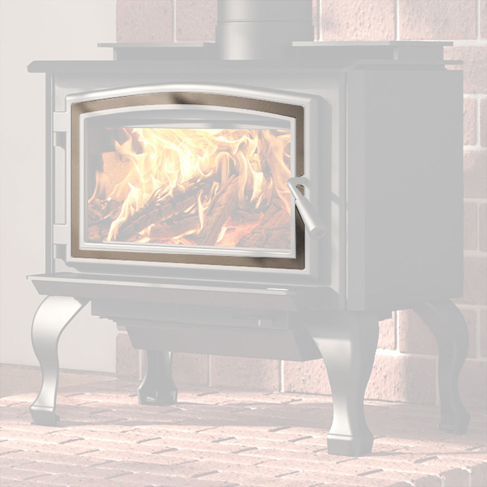Black wood stove door overlay with rectangular glass opening showing fire