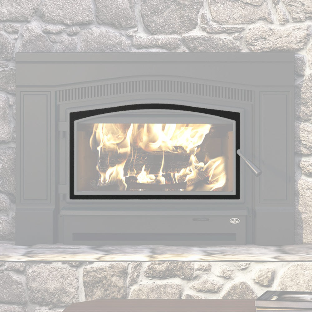 Osburn black door overlay with arched glass window for wood insert