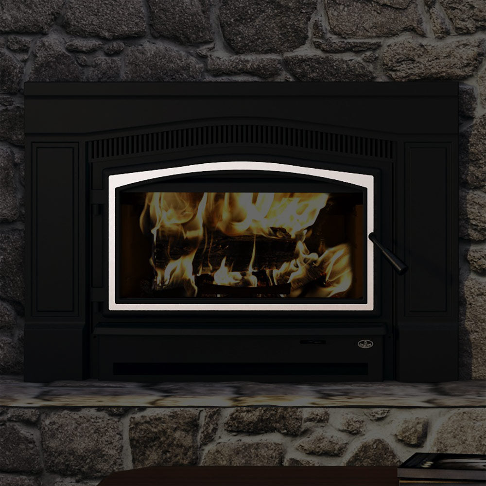 Brushed nickel door overlay with inner frame around the firebox viewing glass