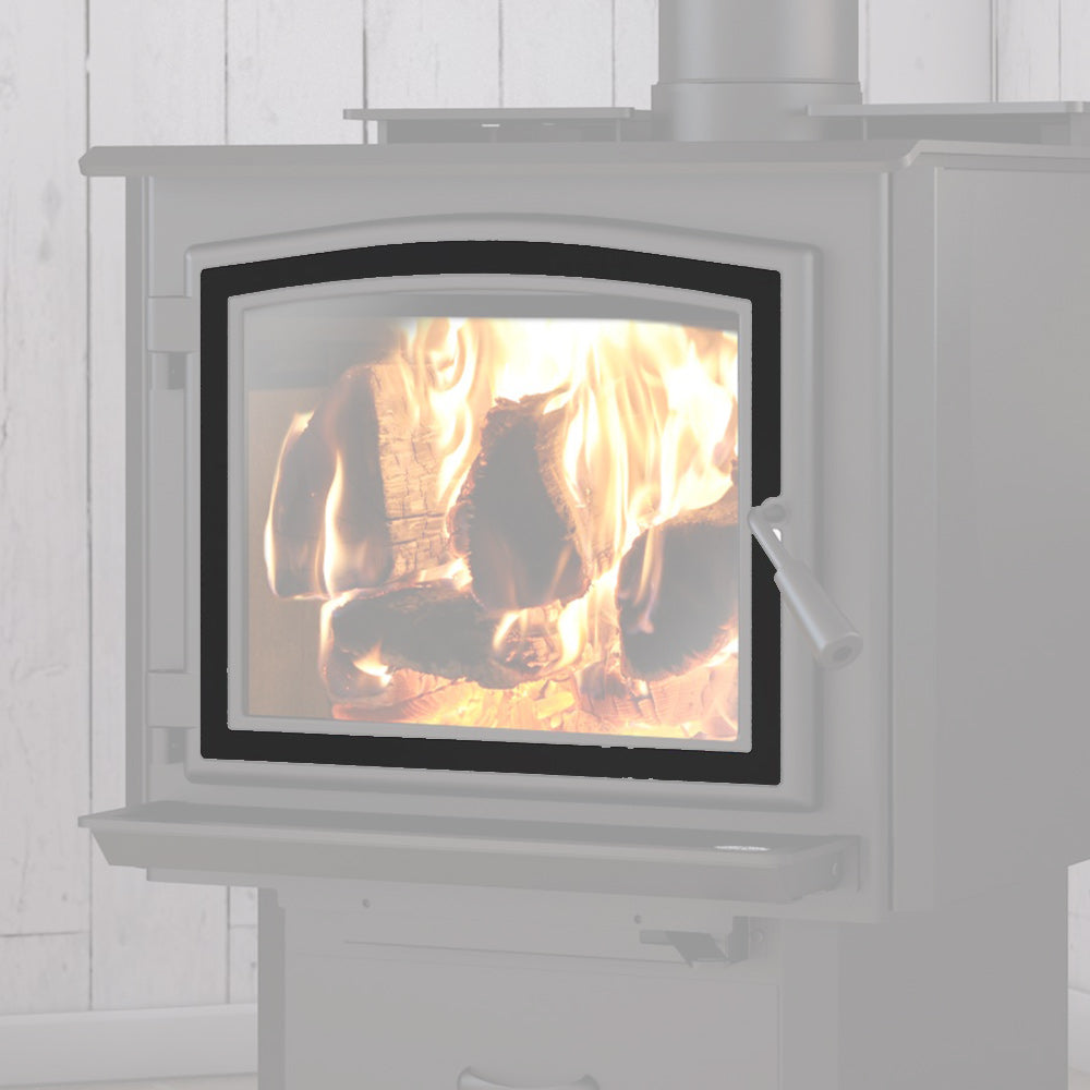 Black stove door overlay with rectangular glass opening and arched frame