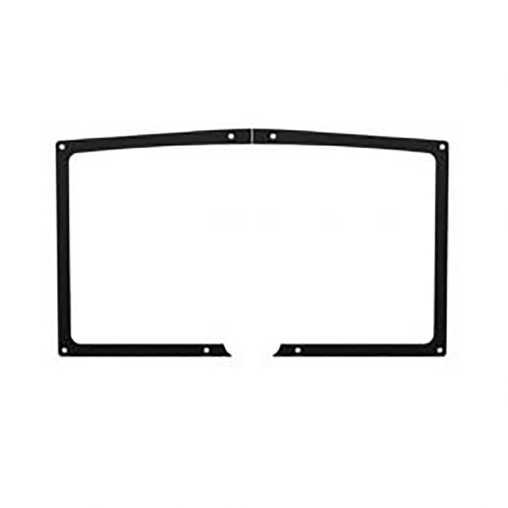 Black metal fireplace door overlay frame with rectangular cutout and mounting holes