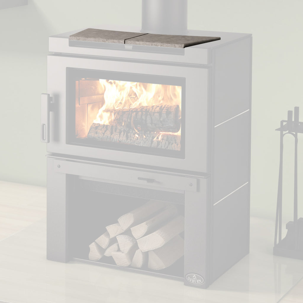 Wood stove with gray soapstone top panel installed, rectangular door and firebox view