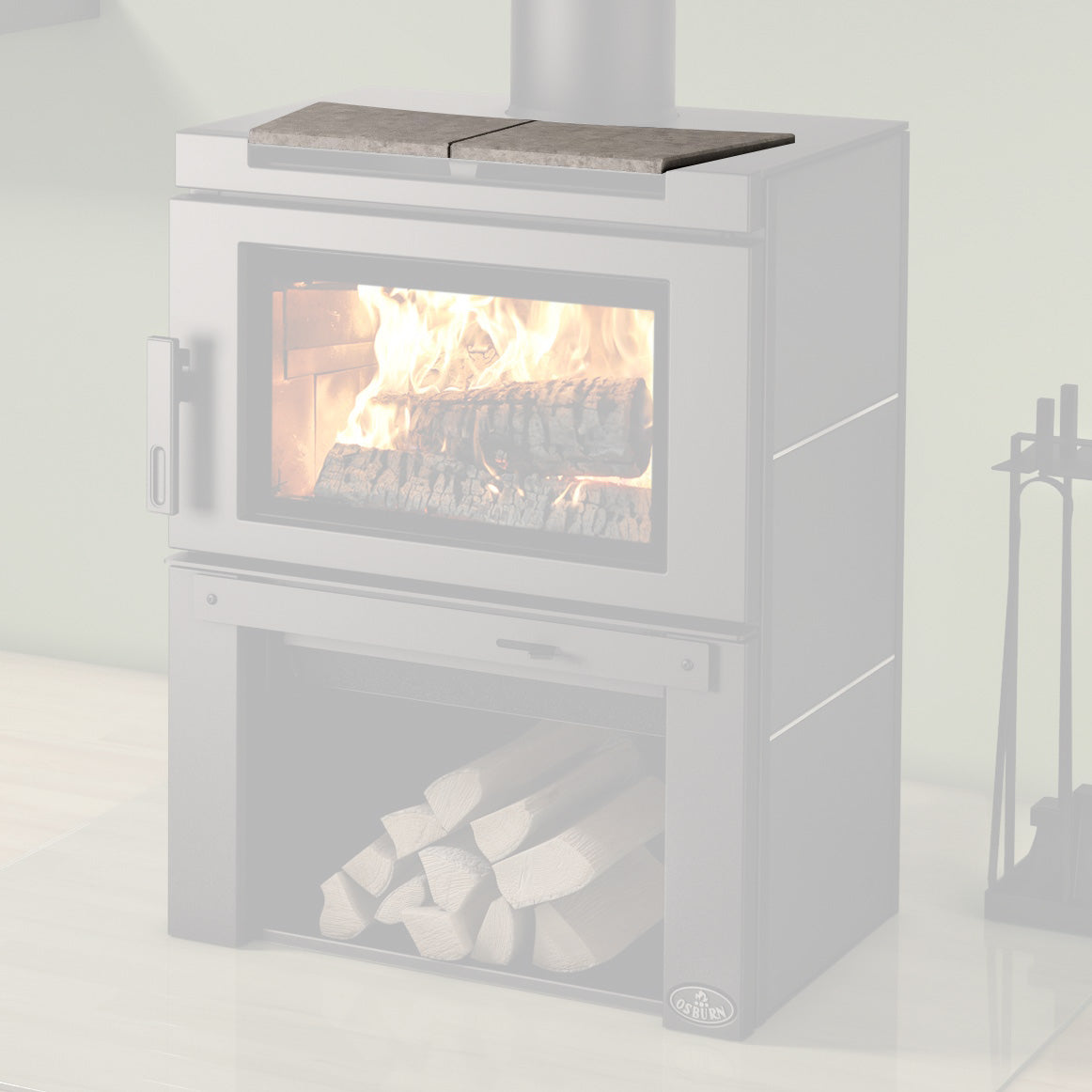 Wood stove with gray soapstone top panel installed, rectangular door and firebox view