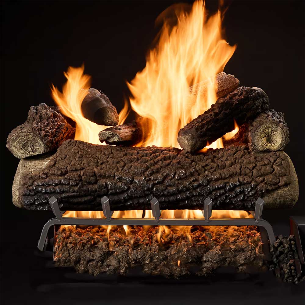 Outdoor gas log set with vented burner, glowing flames and dark oak-style logs