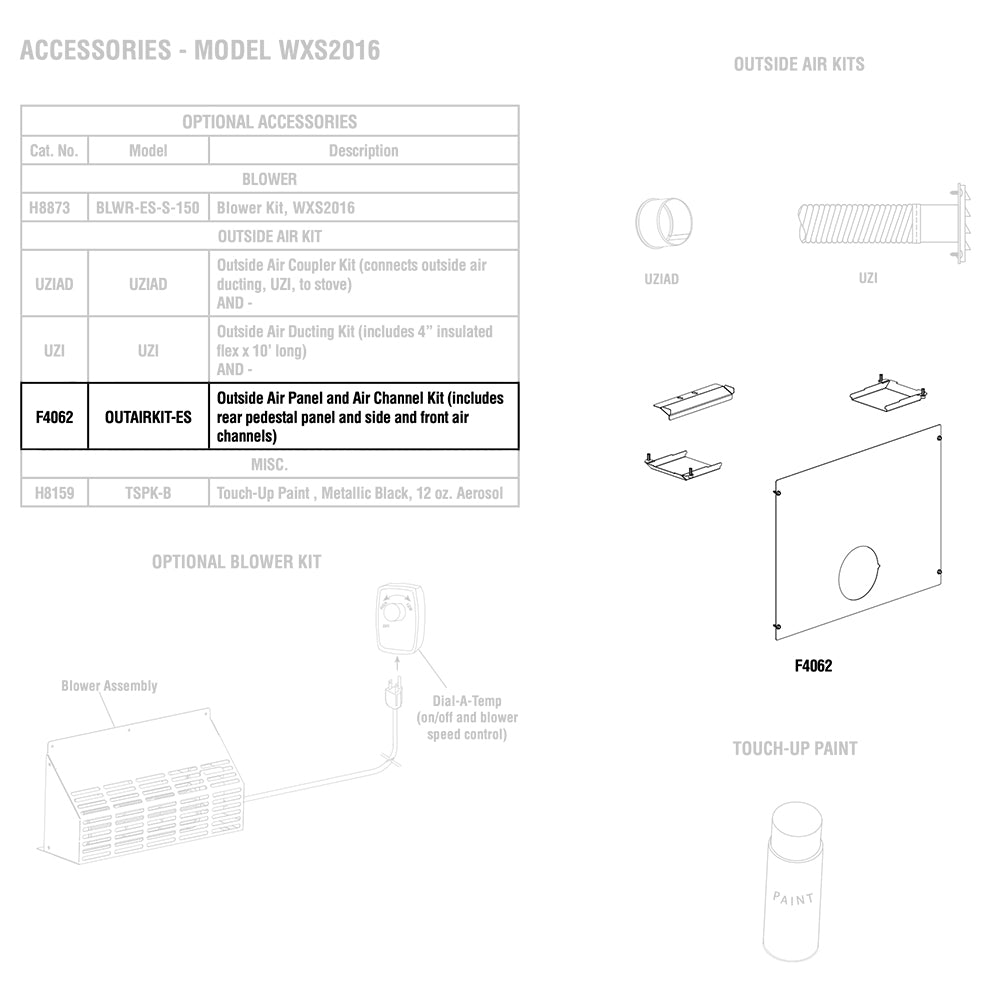 Accessory specification sheet with outside air panel and channel kit diagram for model WXS2016