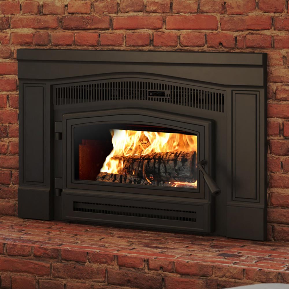 Osburn Matrix 1900 wood insert with black door overlay, glass front showing burning logs