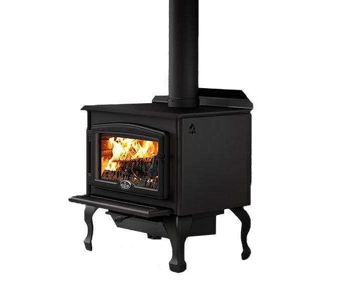 Black cast-iron wood stove with glass door and visible stovepipe