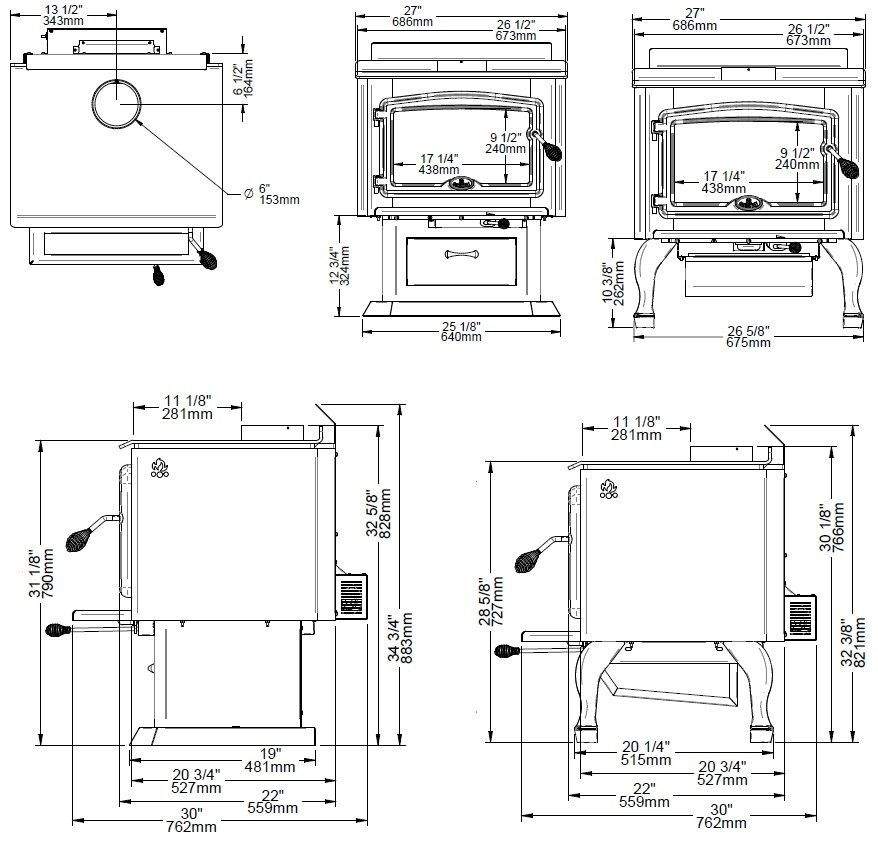 Wood stove dimensional layout diagram showing front door and flue