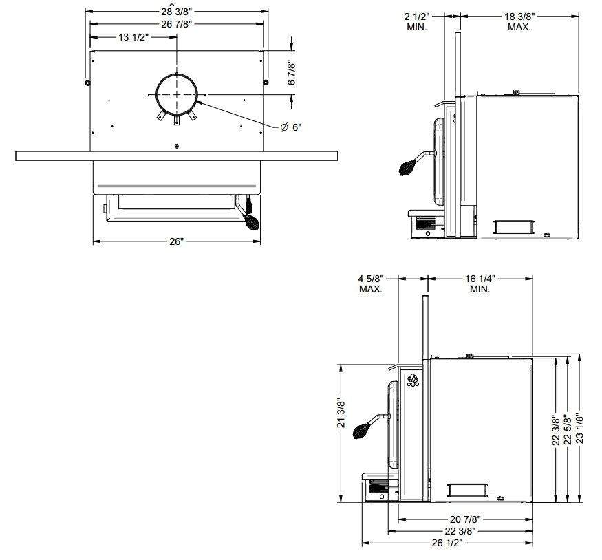 Wood insert installation drawing with front and side dimensions, black surround