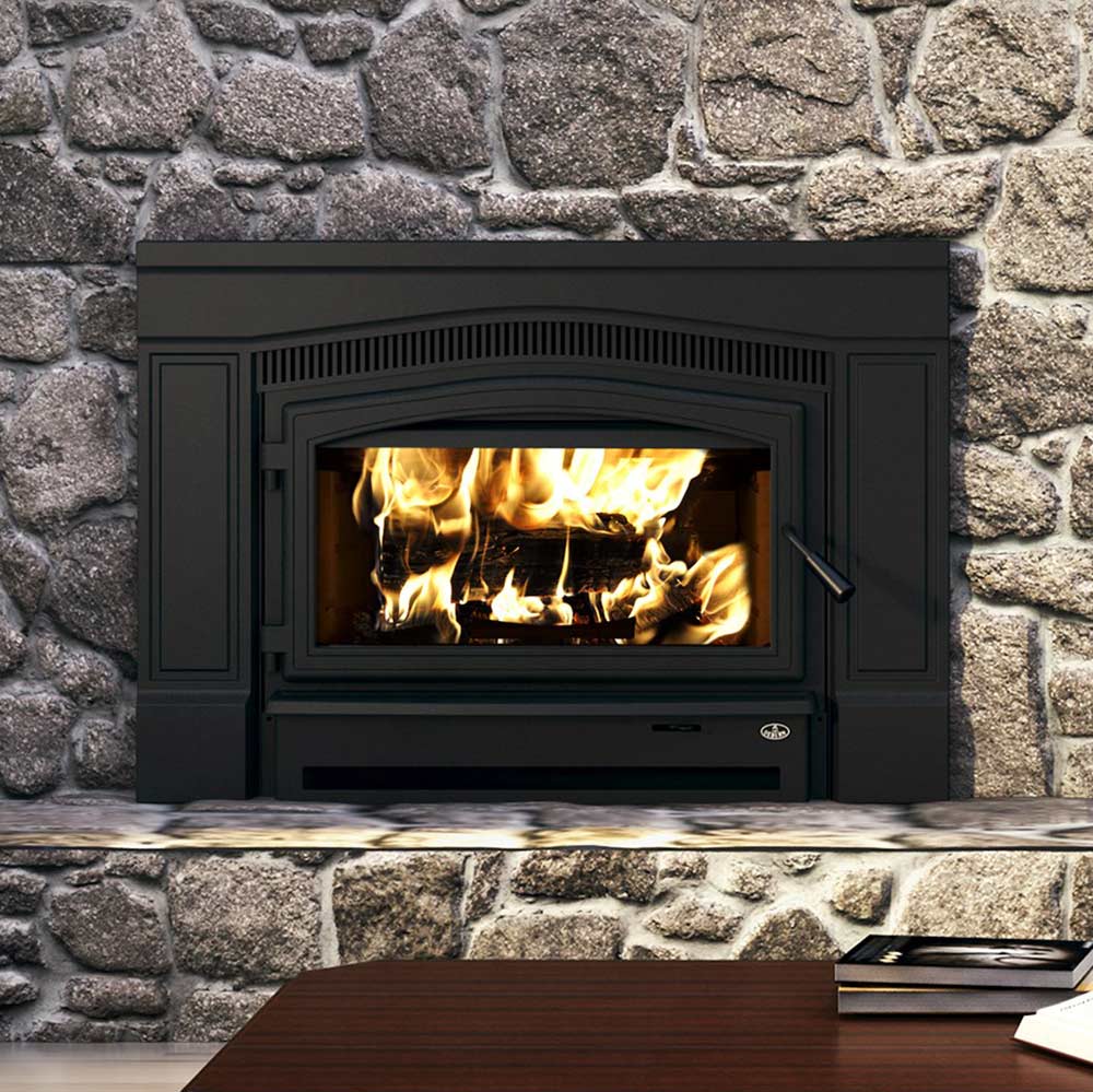 Black wood-burning fireplace insert with glass door and visible flames