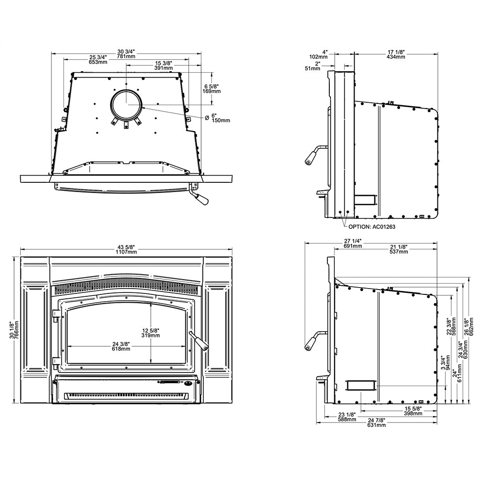 Wood insert fireplace door insert, line drawing with front and side views