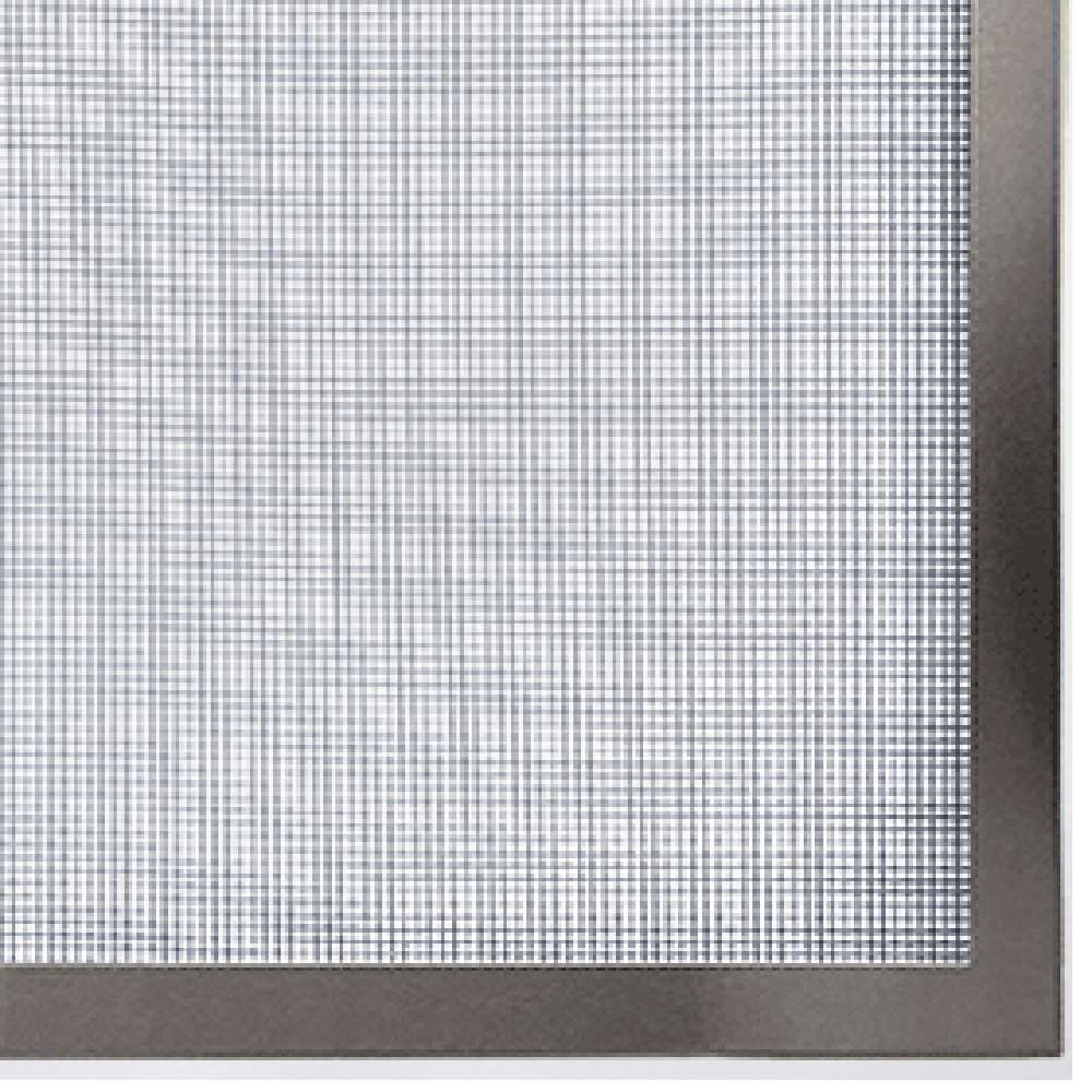 Framed mesh screen close-up corner with fine grid pattern and metal trim