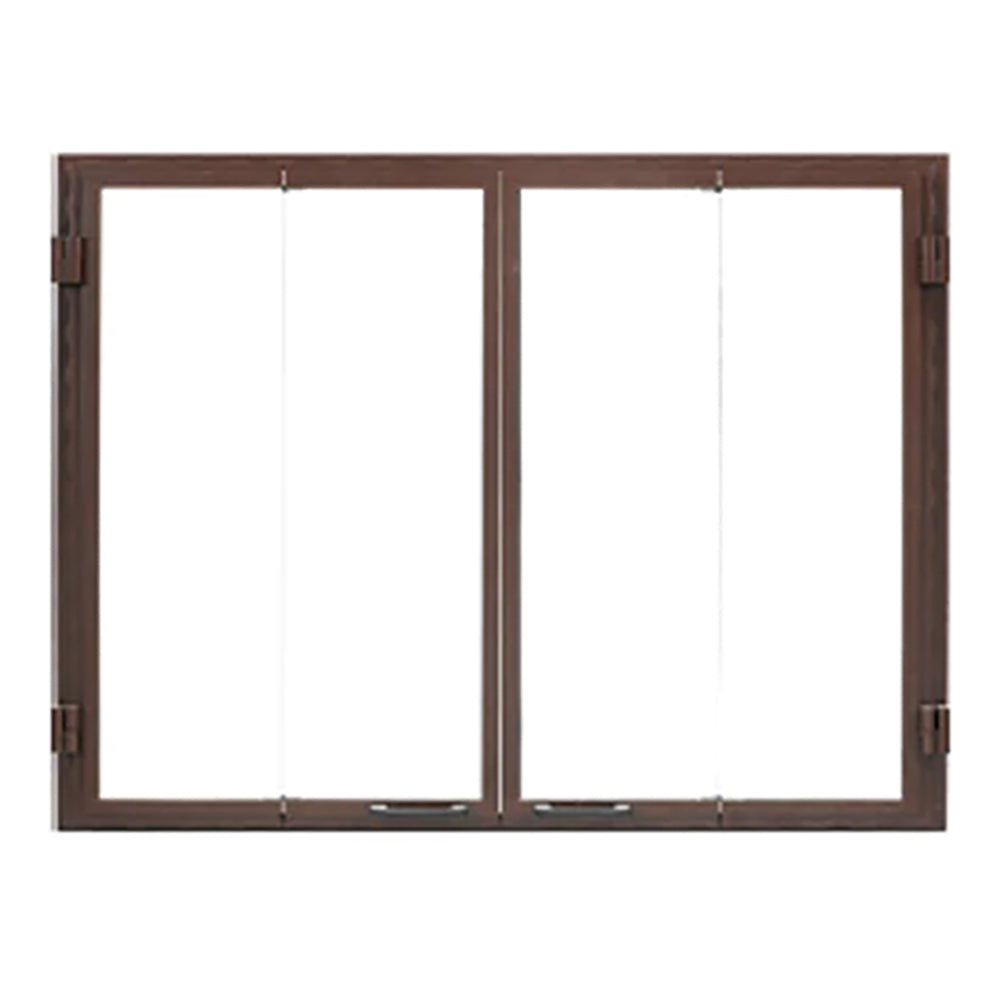 Bronze-finish bi-fold glass door with two panels and vertical center hinge
