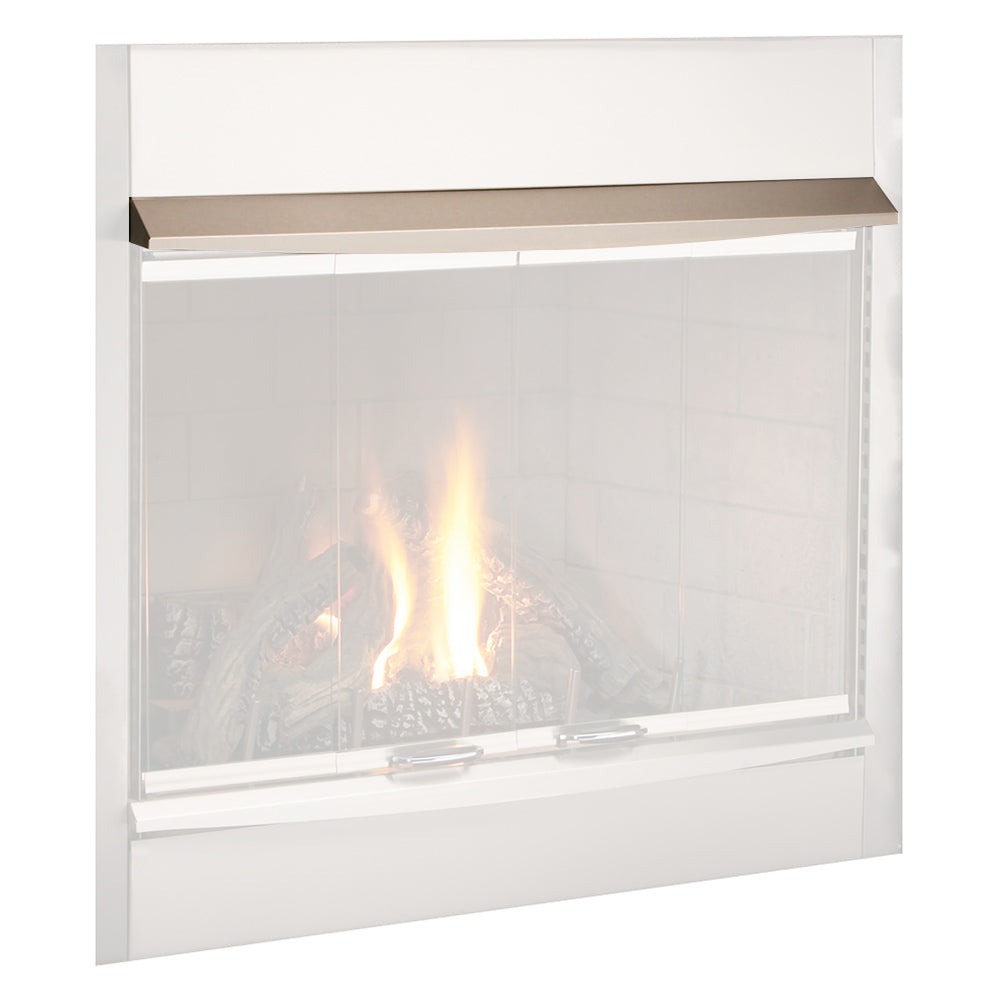 Brushed stainless deluxe fireplace hood kit with glass front and open fire view