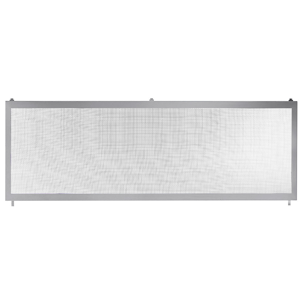Framed outdoor screen barrier with light gray mesh and rectangular metal frame