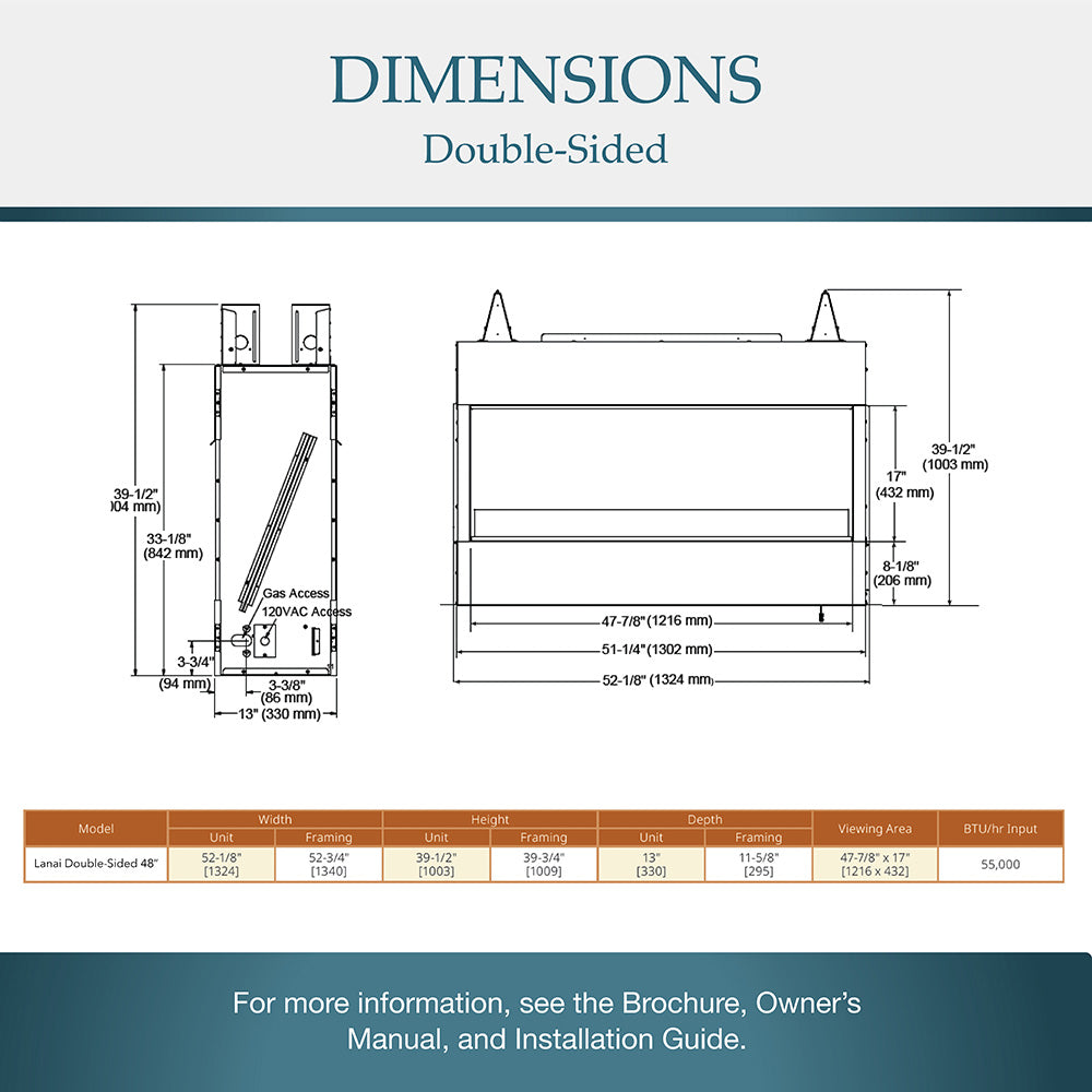 Double-sided linear gas fireplace dimensions diagram with measurement callouts