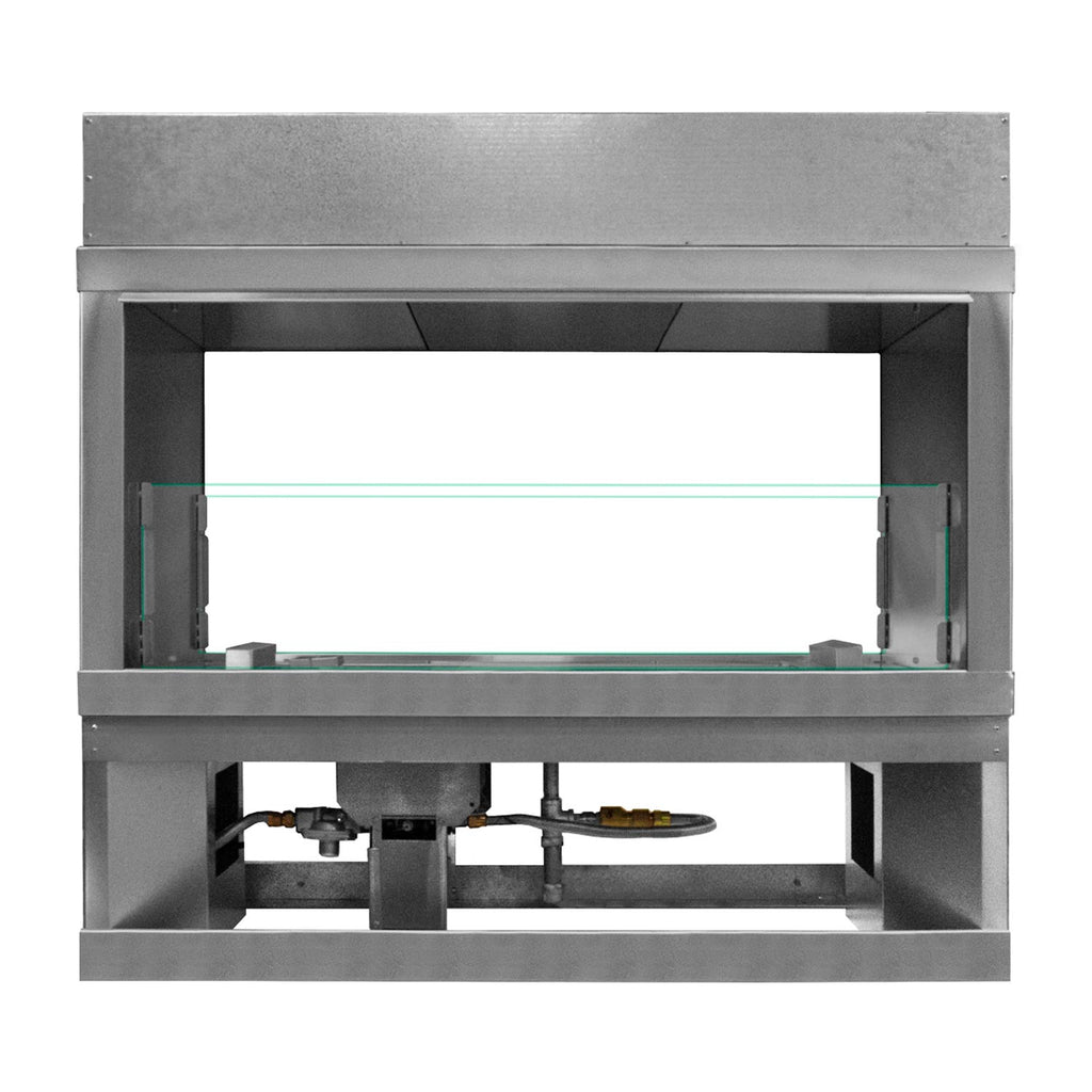 Fireplace conversion kit metal frame with internal components and handles, gray