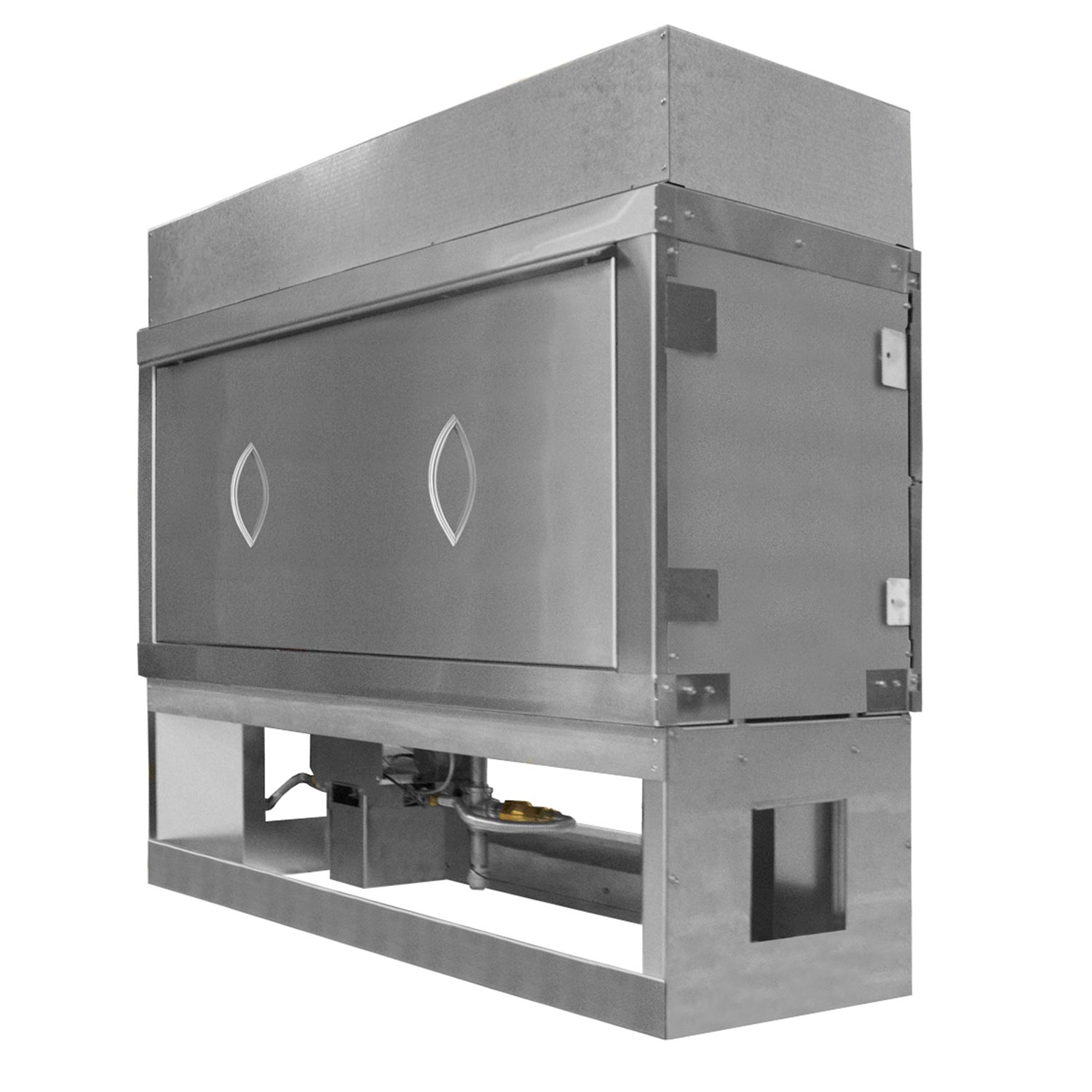 36-inch fireplace weather cover, light gray metal enclosure with vents and panels