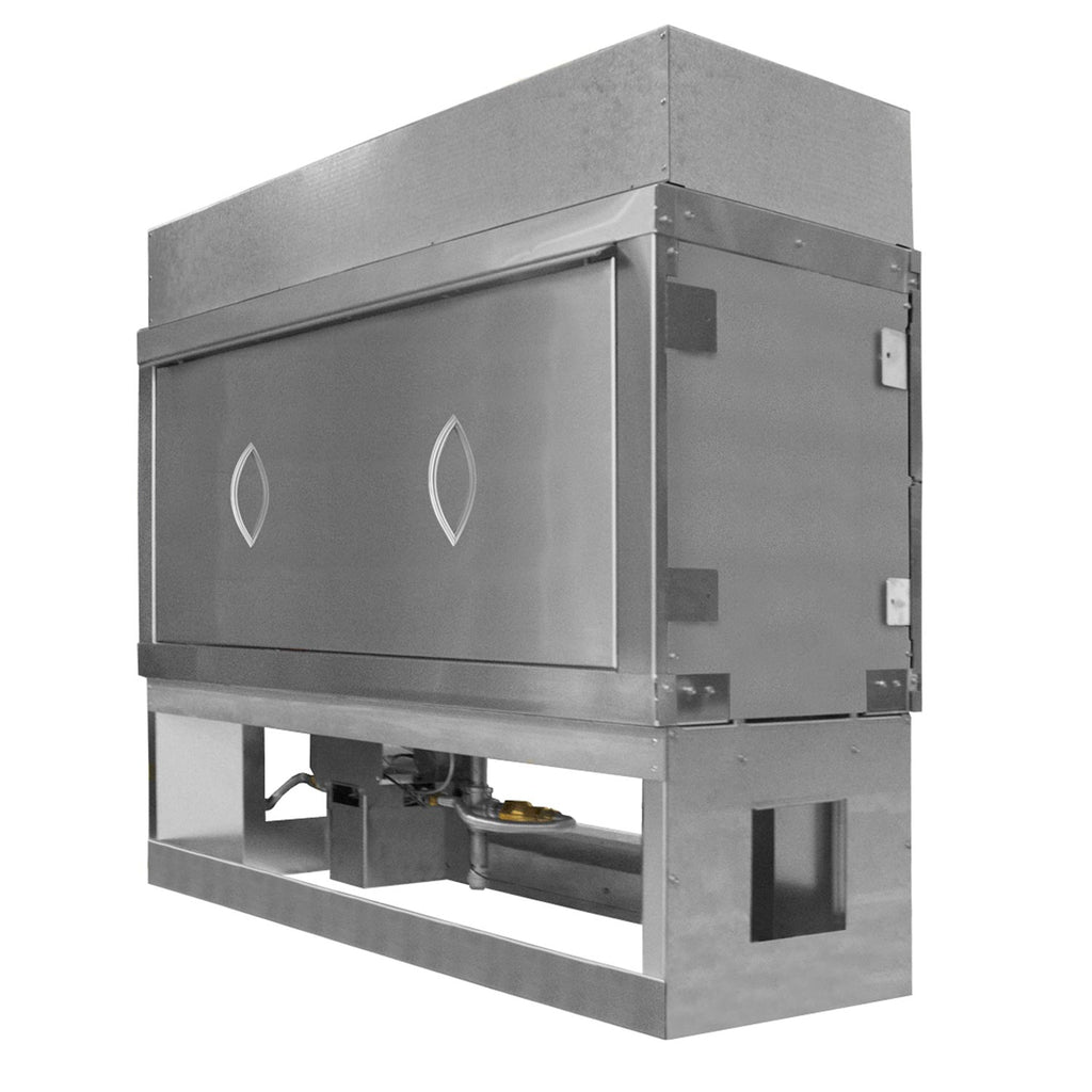 Gray fireplace weather cover with metal frame and leaf-shaped vent panels