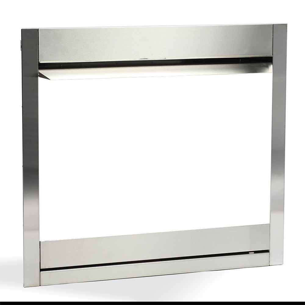 Stainless steel outdoor gas fireplace surround, rectangular frame with flat panels