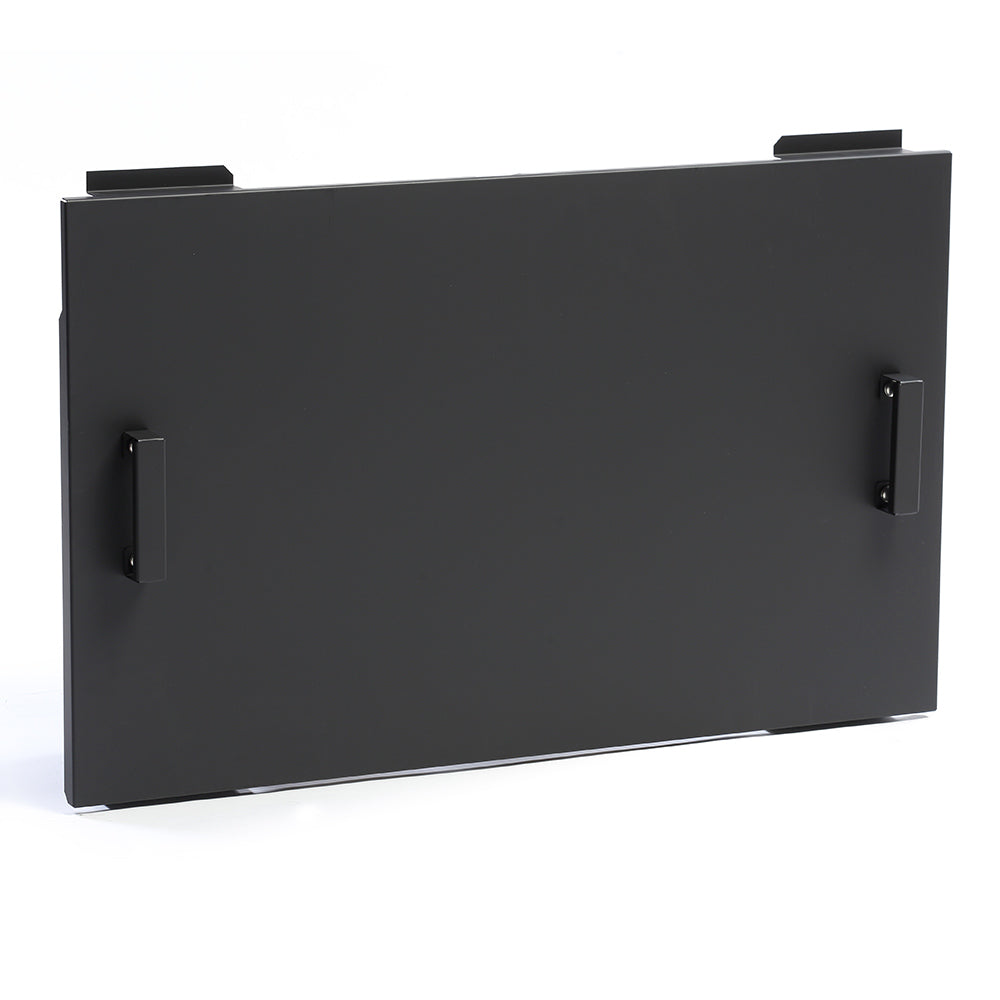 Black outdoor gas fireplace weather cover panel with side handles and latches