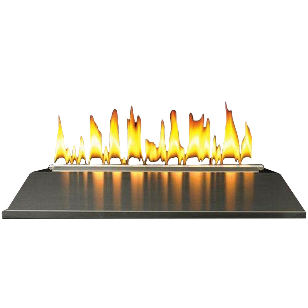 Outdoor gas burner with lit flames over metal burner tray