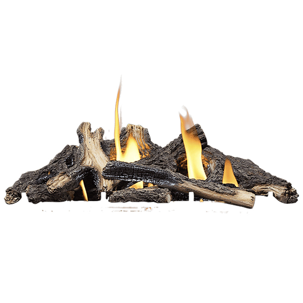 Oak-style gas fireplace log set with visible flames