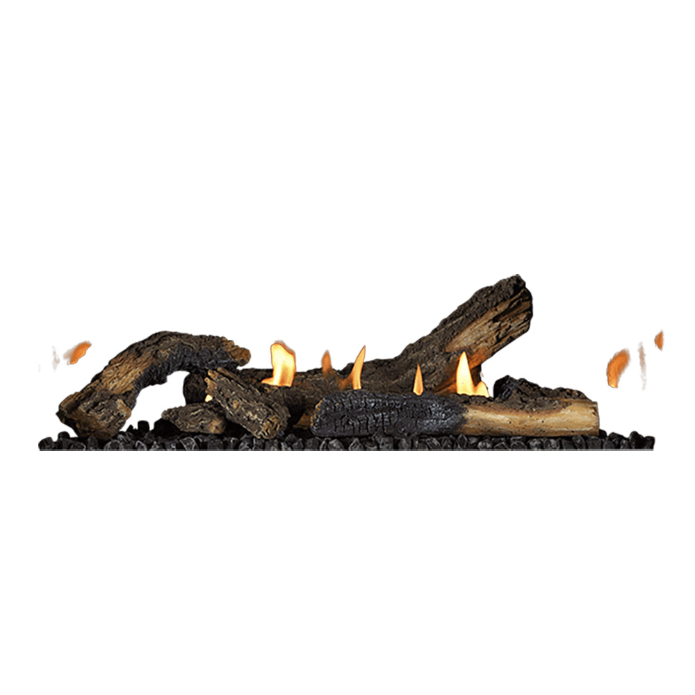 Oak log set for gas fireplace with glowing embers and orange flames