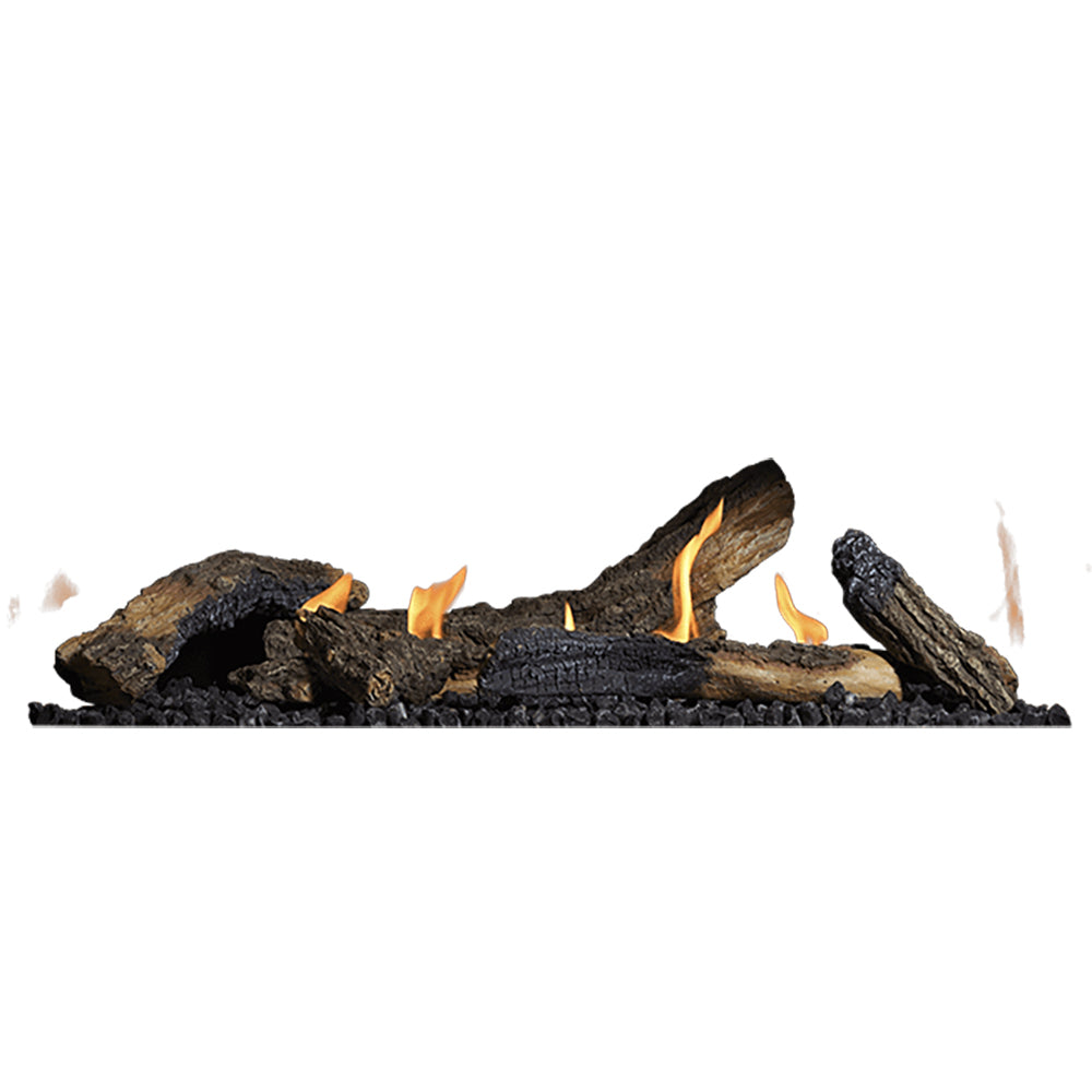 Gas fireplace log set with dark oak-style logs and small orange flames