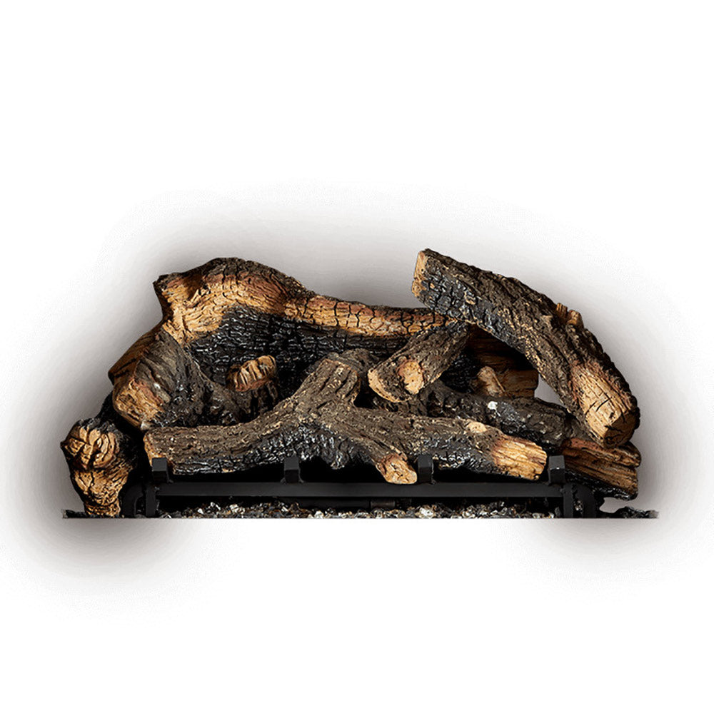 Split oak log set with dark charcoal and burnt wood effect for gas fireplace