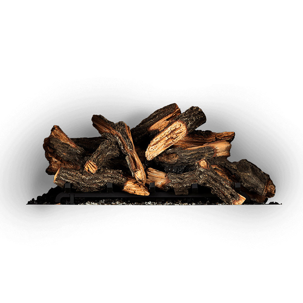 Split oak log set with charred dark brown faux logs