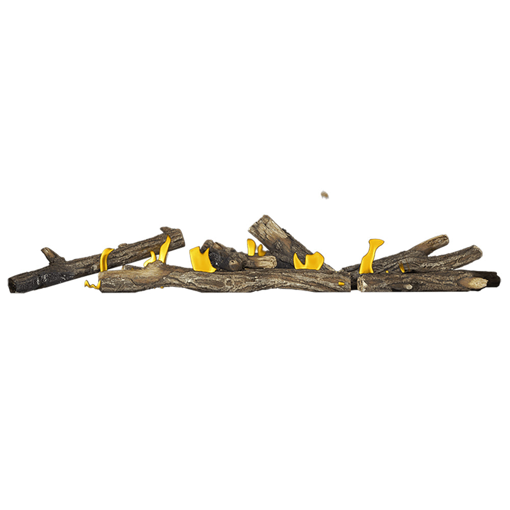 Oak gas fireplace log set with small charred logs and yellow flame accents