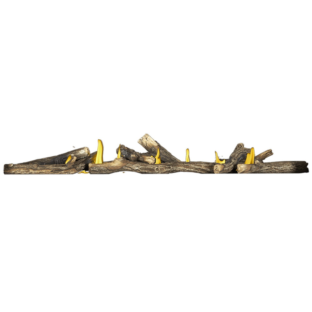 Oak gas fireplace log set with yellow flame effect accents, horizontal arrangement