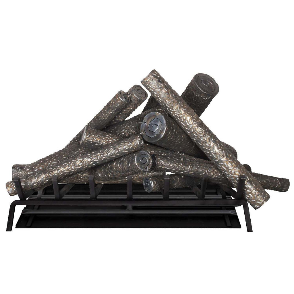 Steel fireplace log and tray with stacked metal logs on black grate