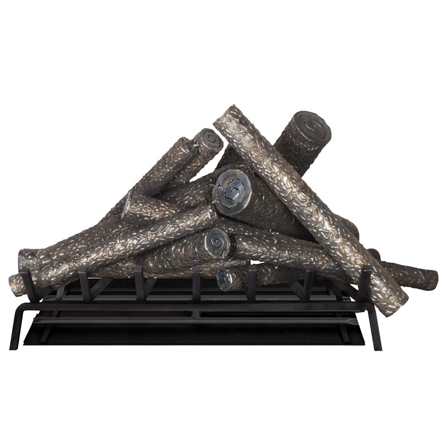 Steel fireplace log and tray with stacked metal logs on black grate