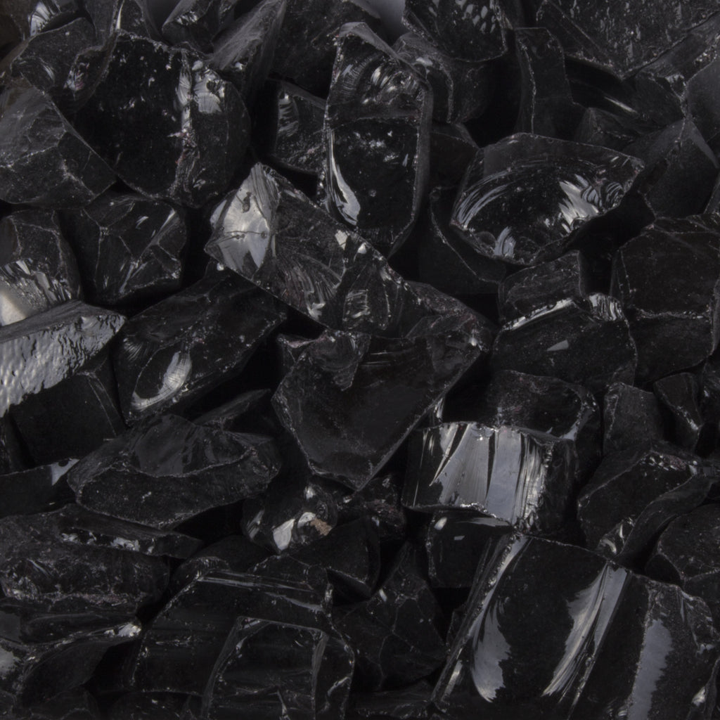Black fire glass pieces, 0.5–0.75 in, for outdoor fire pits.