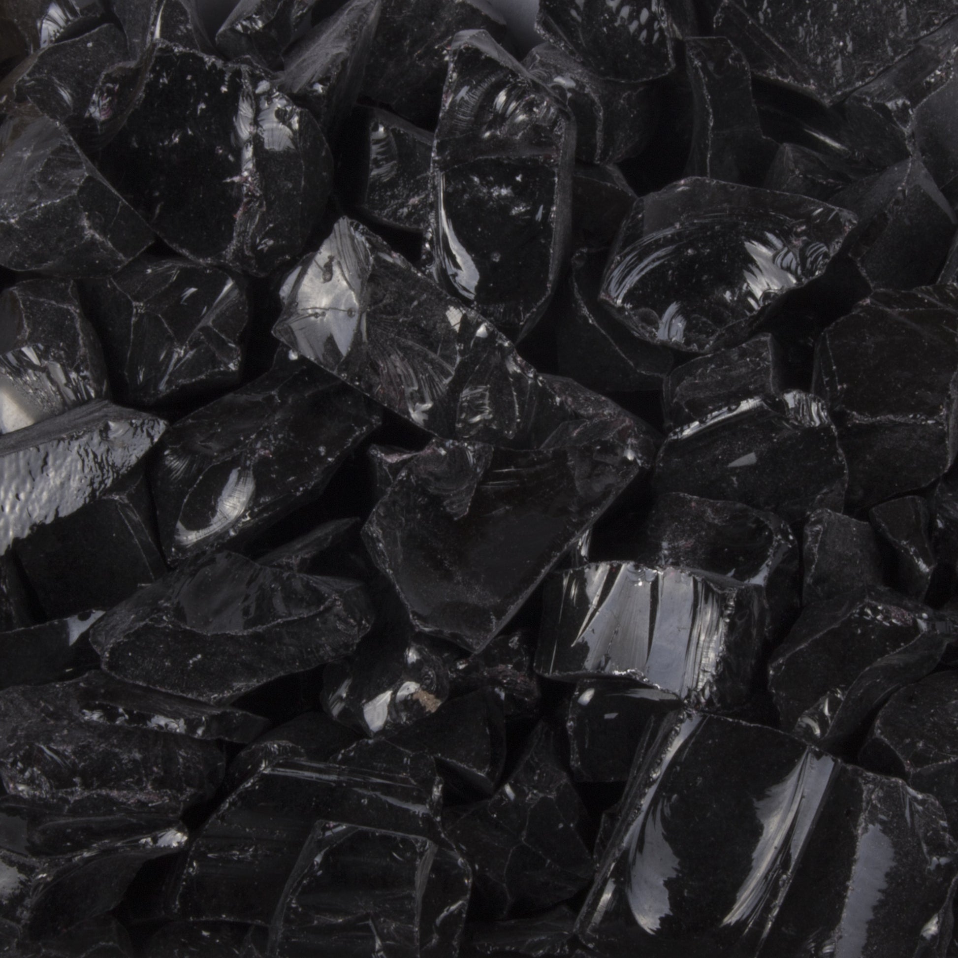 Black fire glass pieces, 0.5–0.75 in, for outdoor fire pits.