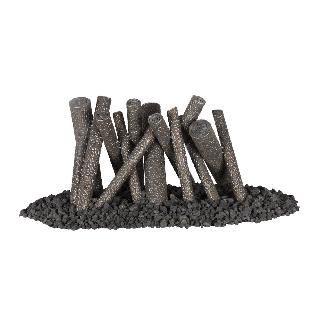 Steel upright log set with dark gray speckled logs and gravel base