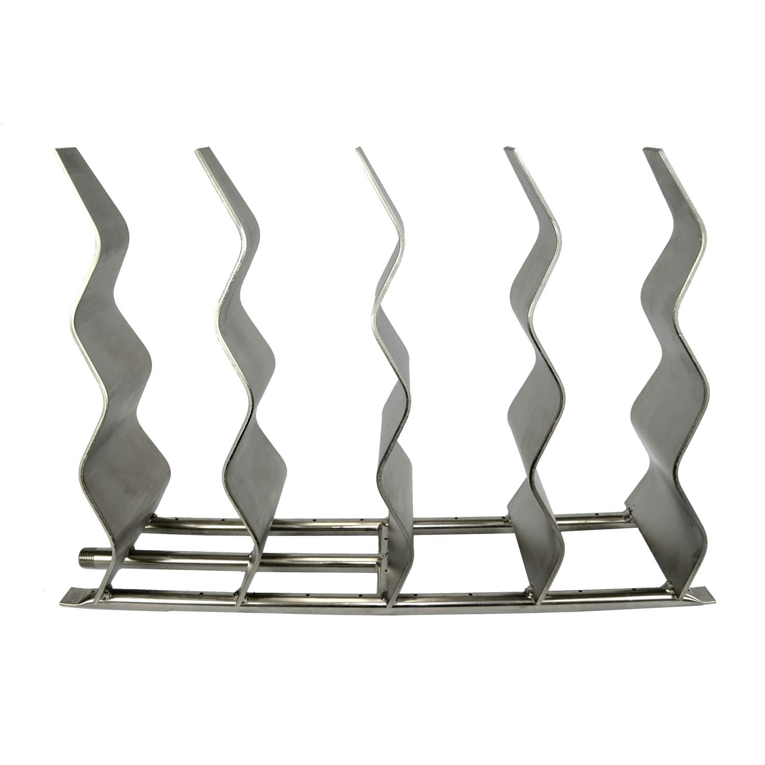 Stainless steel fireplace burner with five wave-shaped flame screens on a bar base