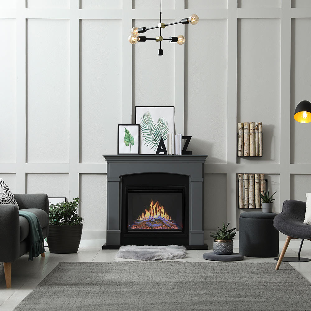 Built-in electric fireplace with gray mantel and black firebox, showing flame effect
