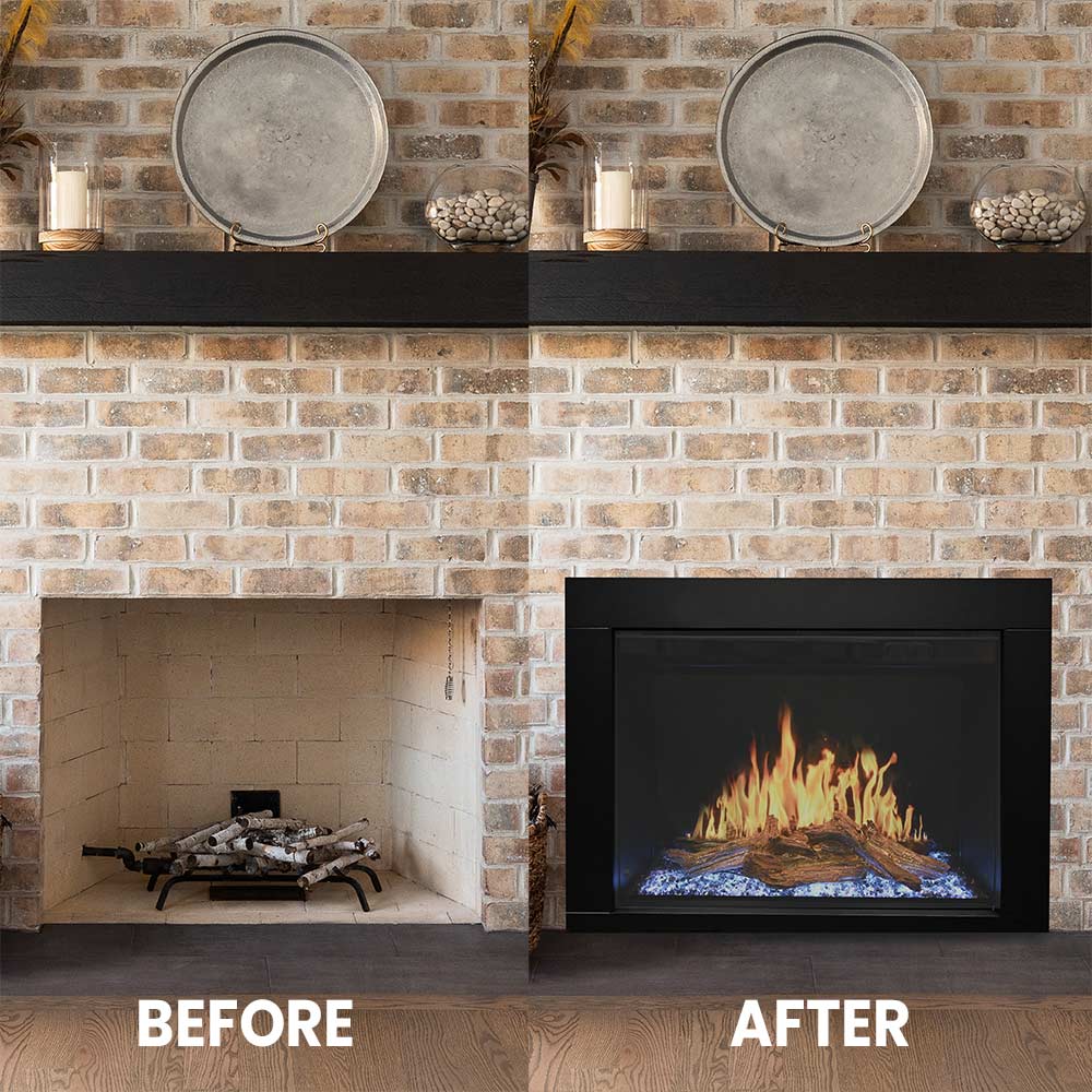 Black traditional electric fireplace insert with glass front and glowing flame effect