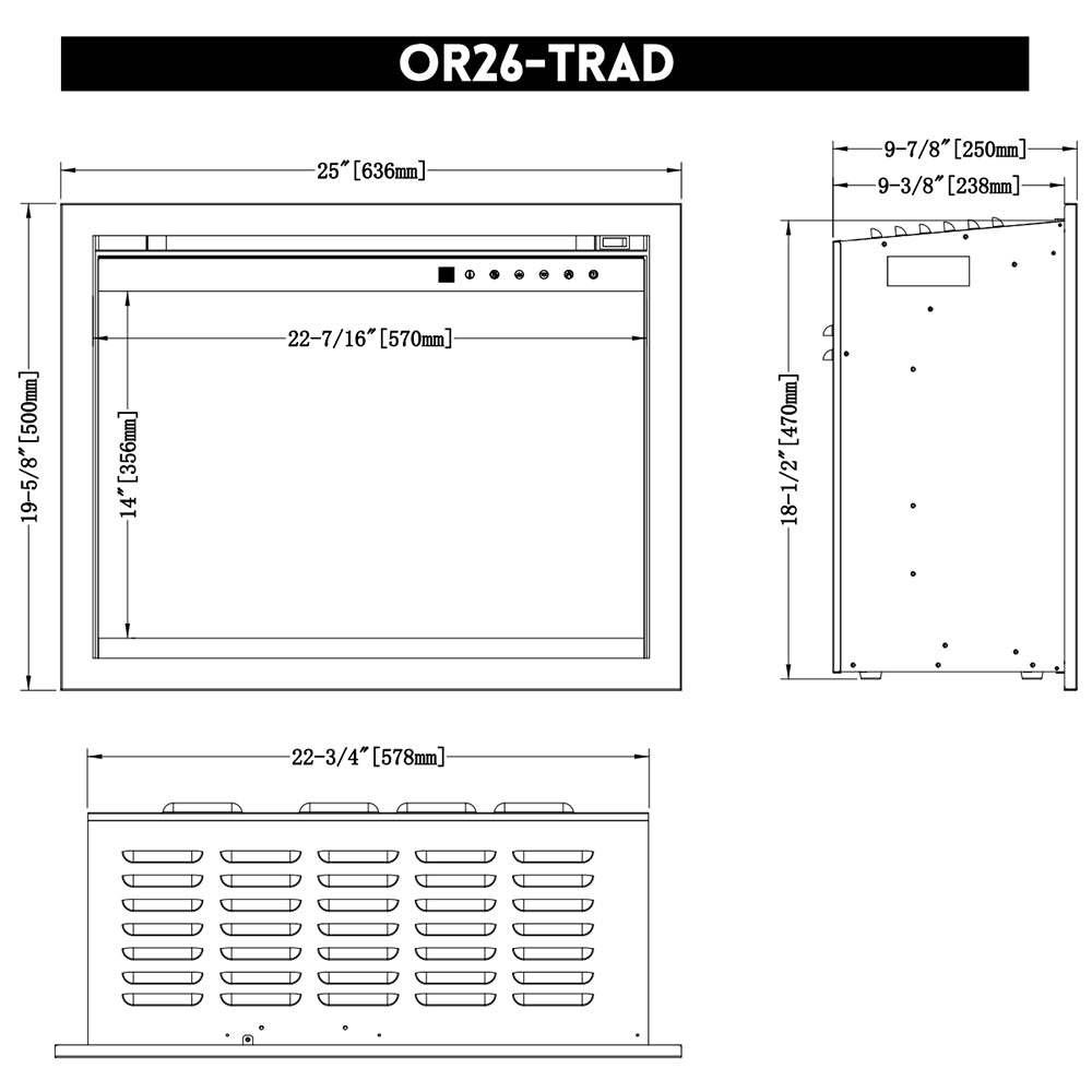 Built-in electric fireplace technical dimensions drawing, front and side views