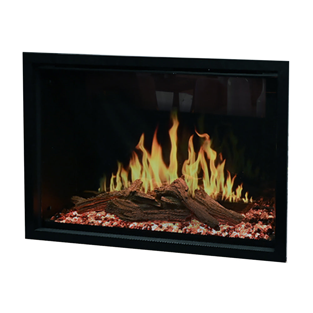Built-in electric fireplace with glass viewing window and lifelike flame effect