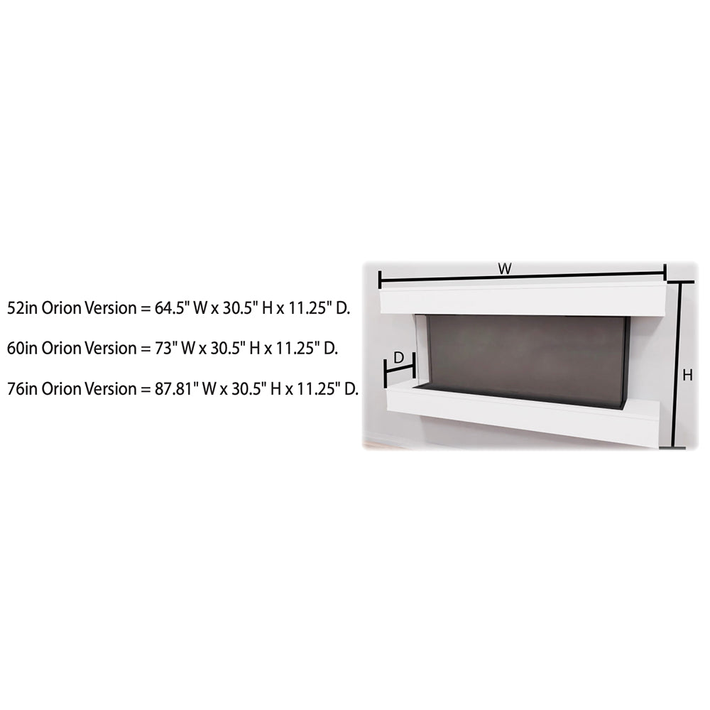 Three-sided electric fireplace insert size diagram with W, H, and depth measurements